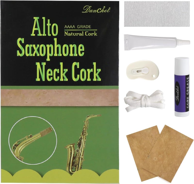 Danchet Alto Saxophone Accessories,Alto Sax Cork Replacement Kit,2 pcs Saxophone Cork, Glue, Cork Grease, Knife, Taping, and Sandpaper - Image 1